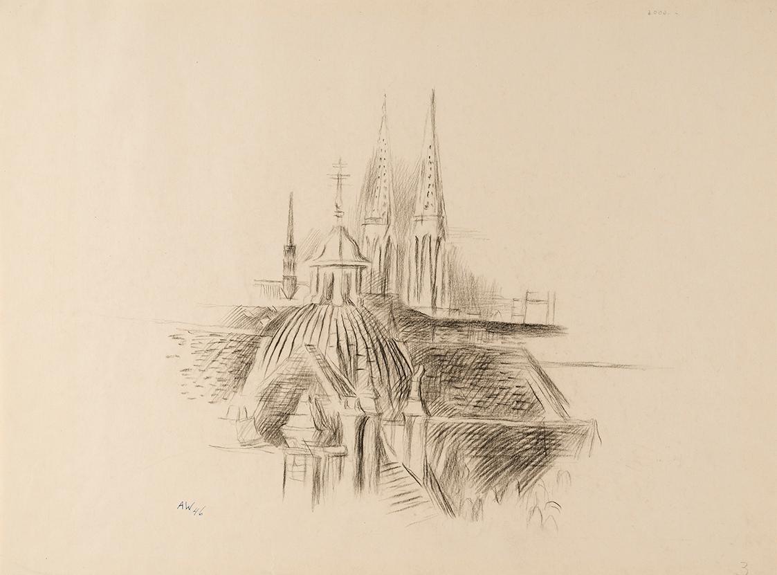 Alfred Wickenburg, Dachlandschaft, 1946, Kohle auf Papier, Blattmaße: 35 × 47 cm, Neue Galerie  ...