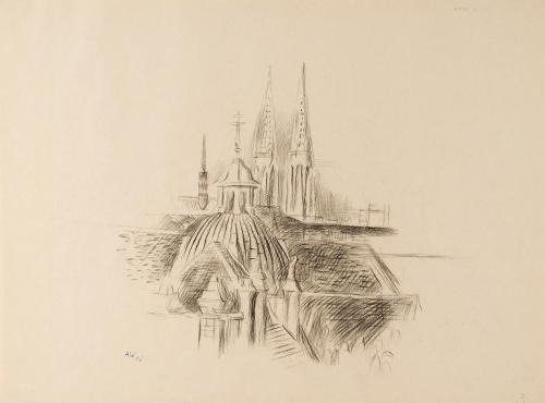 Alfred Wickenburg, Dachlandschaft, 1946, Kohle auf Papier, Blattmaße: 35 × 47 cm, Neue Galerie  ...
