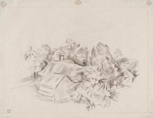 Alfred Wickenburg, Baumlandschaft mit zwei Häusern, 1947, Schwarze Kreide auf Papier, Blattmaße ...