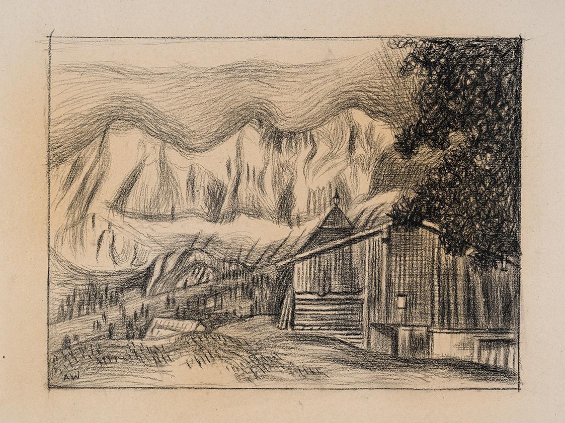 Alfred Wickenburg, Steirische Gebirgslandschaft - Dachsteinwände, 1945/1950, Schwarze Kreide au ...