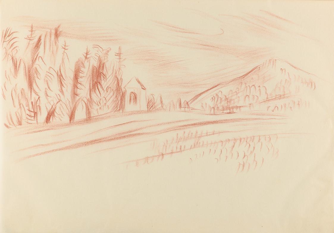 Alfred Wickenburg, Landschaft, 1940, Rötel auf Papier, Blattmaße: 20,8 × 29,6 cm, Privatbesitz