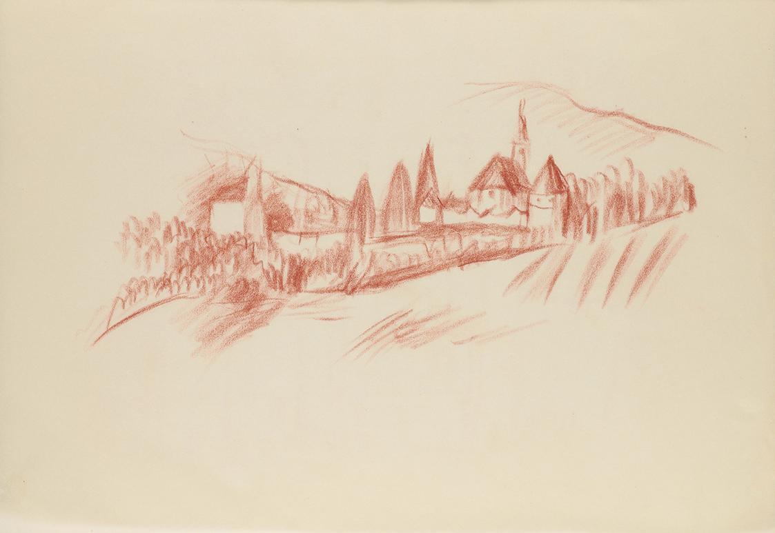 Alfred Wickenburg, Kirche in einer Landschaft, 1940, Rötel auf Papier, Blattmaße: 20,8 × 29,6 c ...