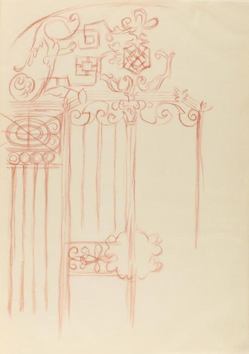 Alfred Wickenburg, Gartentor, 1940, Rötel auf Papier, Blattmaße: 29,6 × 20,8 cm, Privatbesitz