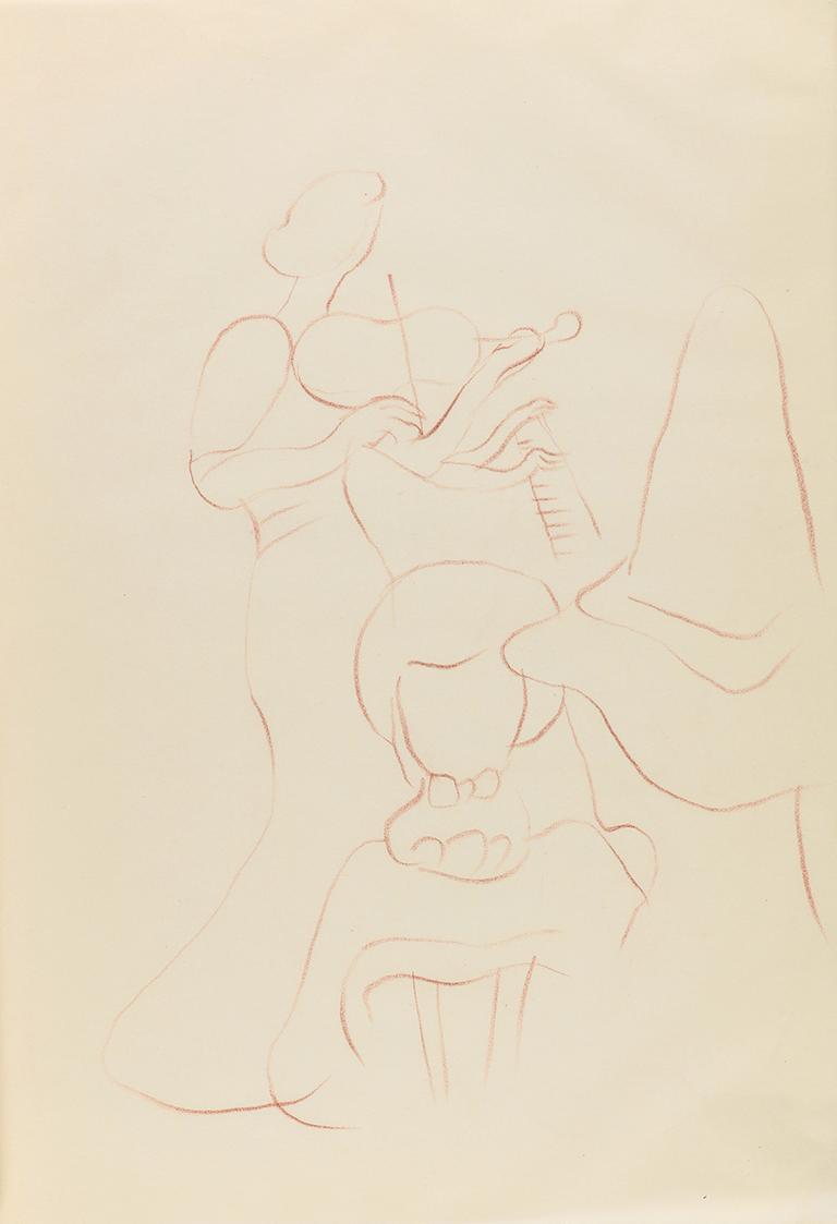 Alfred Wickenburg, Figurengruppe vor Geigerin, 1940, Rötel auf Papier, Blattmaße: 29,6 × 20,8 c ...