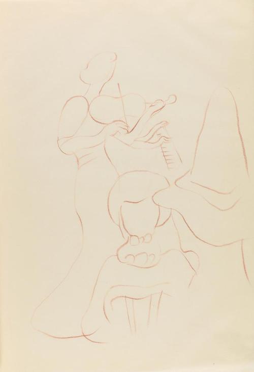 Alfred Wickenburg, Figurengruppe vor Geigerin, 1940, Rötel auf Papier, Blattmaße: 29,6 × 20,8 c ...