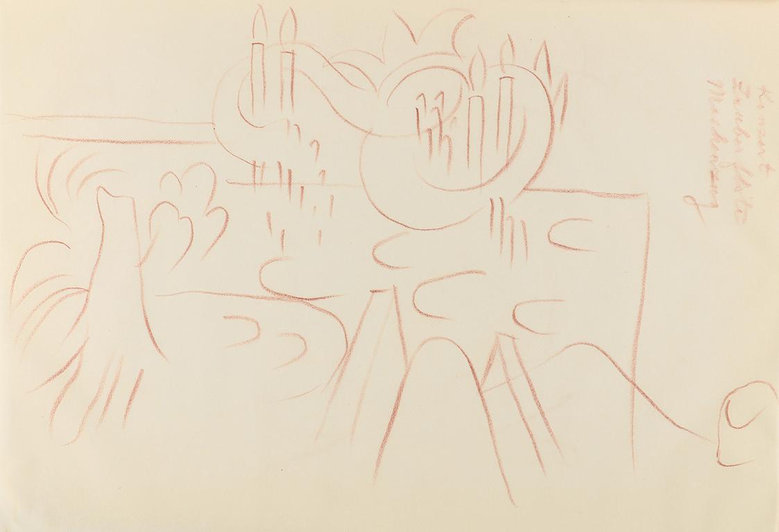 Alfred Wickenburg, Maskenzug, 1940, Rötel auf Papier, Blattmaße: 20,8 × 29,8 cm, Privatbesitz