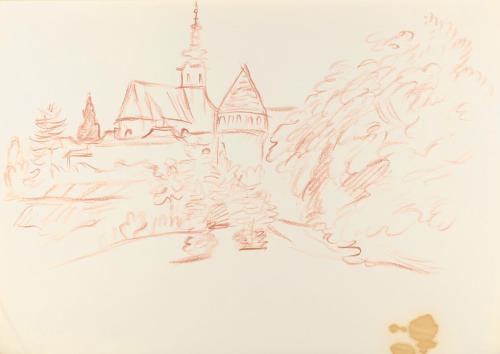 Alfred Wickenburg, Kirche in Landschaft, 1940/1945, Rötel auf Papier, Blattmaße: 29,5 × 41,8 cm ...