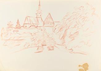 Alfred Wickenburg, Kirche in Landschaft, 1940/1945, Rötel auf Papier, Blattmaße: 29,5 × 41,8 cm ...