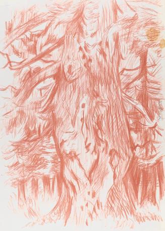 Alfred Wickenburg, Baumstamm in einem Wald, um 1942, Rötel auf Papier, Blattmaße: 41,6 × 30,2 c ...