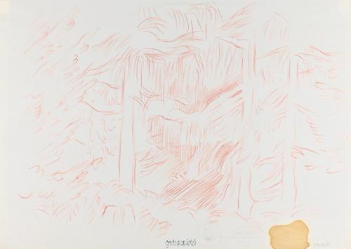 Alfred Wickenburg, Waldinneres, 1960/1966, Rötel auf Papier, Blattmaße: 29,7 × 42 cm, Privatbes ...