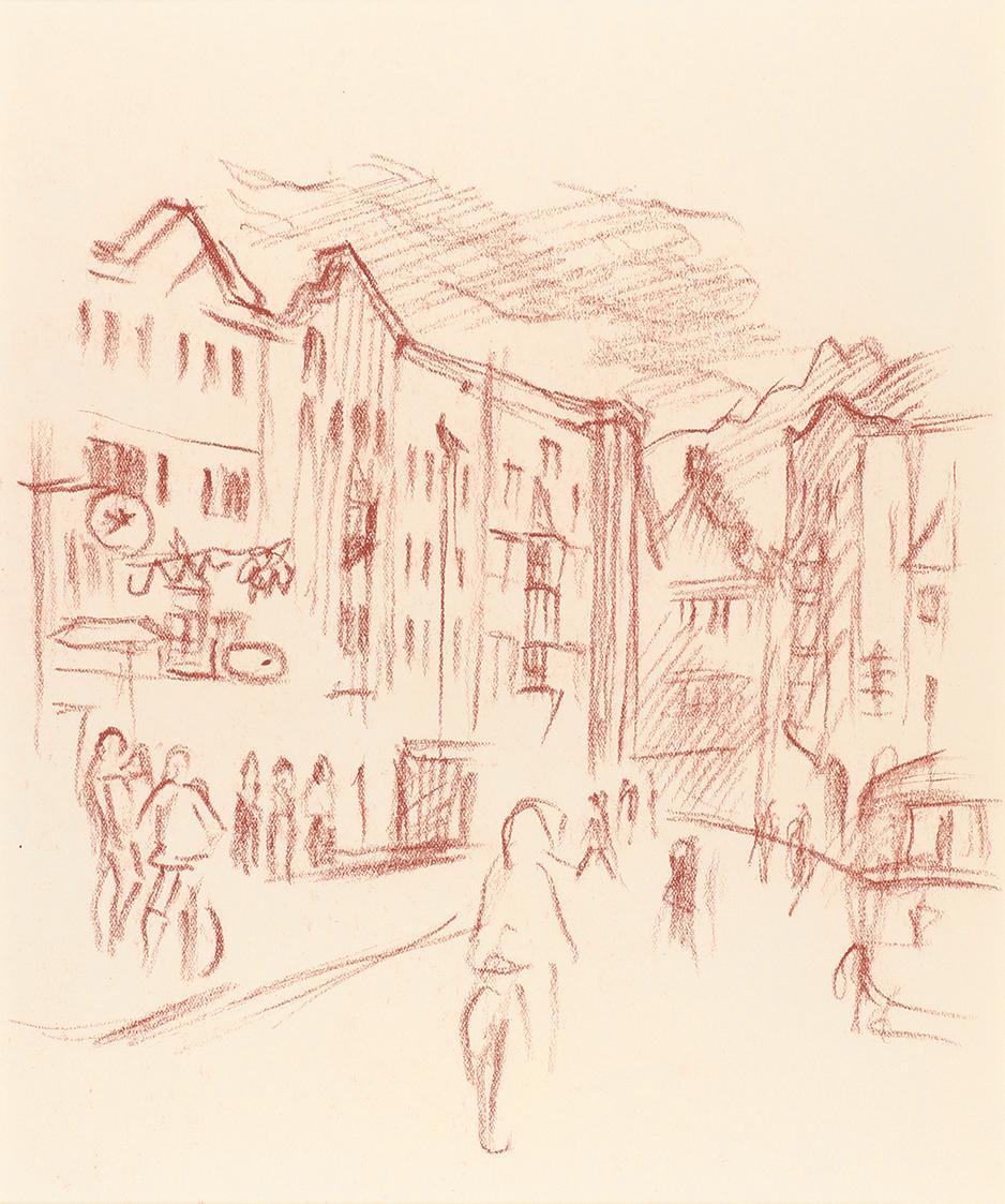Alfred Wickenburg, Straßenszene, um 1942, Rötel auf Papier, Blattmaße: 32 × 23 cm, Privatbesitz