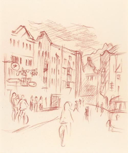 Alfred Wickenburg, Straßenszene, um 1942, Rötel auf Papier, Blattmaße: 32 × 23 cm, Privatbesitz