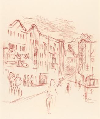 Alfred Wickenburg, Straßenszene, um 1942, Rötel auf Papier, Blattmaße: 32 × 23 cm, Privatbesitz