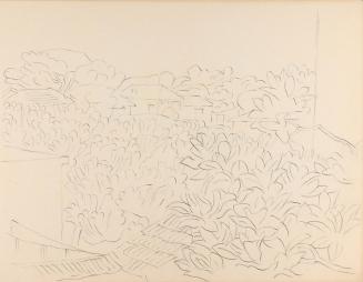 Alfred Wickenburg, Zwischen Bäumen hervorragende Dächer, um 1961, Bleistift auf Papier, Blattma ...