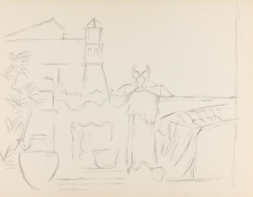 Alfred Wickenburg, Stadtansicht, um 1961, Bleistift auf Papier, Blattmaße: 24 × 30,5 cm, Privat ...