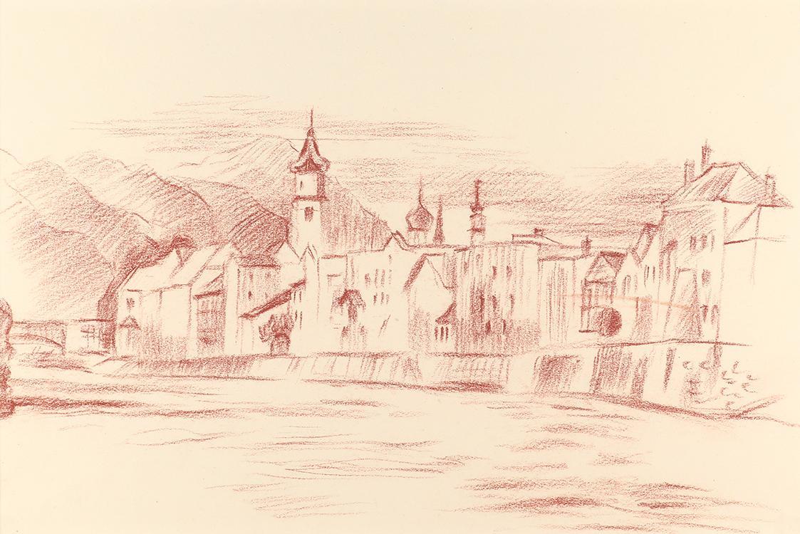 Alfred Wickenburg, Fluß vor einer Stadt, um 1950, Rötel auf Papier, Blattmaße: 22,6 × 32 cm, Pr ...