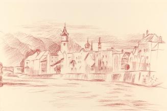 Alfred Wickenburg, Fluß vor einer Stadt, um 1950, Rötel auf Papier, Blattmaße: 22,6 × 32 cm, Pr ...