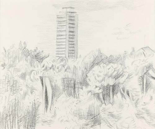 Alfred Wickenburg, Hochhaus in in einer Landschaft, um 1965, Bleistift auf Papier, Blattmaße: 2 ...
