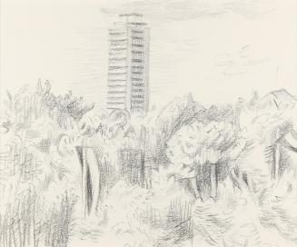 Alfred Wickenburg, Hochhaus in in einer Landschaft, um 1965, Bleistift auf Papier, Blattmaße: 2 ...