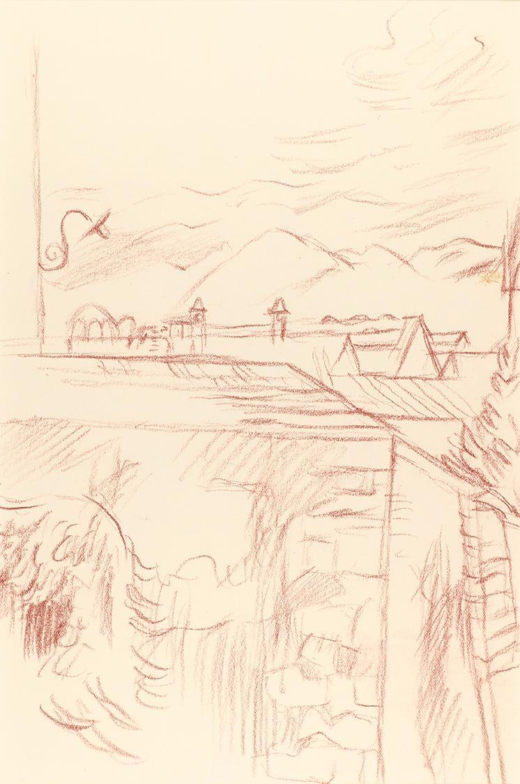 Alfred Wickenburg, Dachlandschaft, um 1945, Rötel auf Papier, Blattmaße: 32 × 23 cm, Privatbesi ...