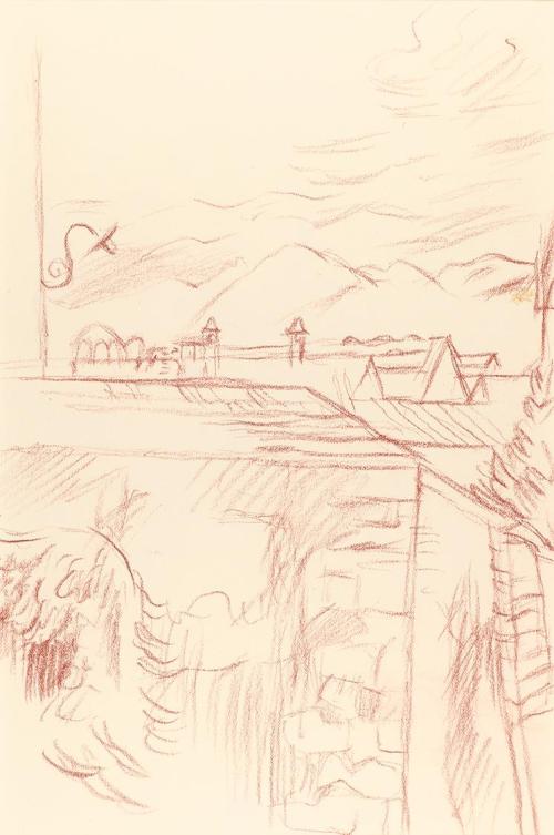 Alfred Wickenburg, Dachlandschaft, um 1945, Rötel auf Papier, Blattmaße: 32 × 23 cm, Privatbesi ...