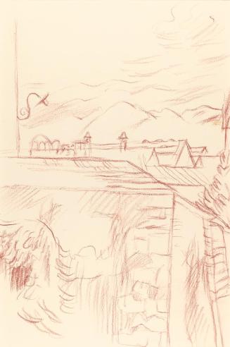 Alfred Wickenburg, Dachlandschaft, um 1945, Rötel auf Papier, Blattmaße: 32 × 23 cm, Privatbesi ...