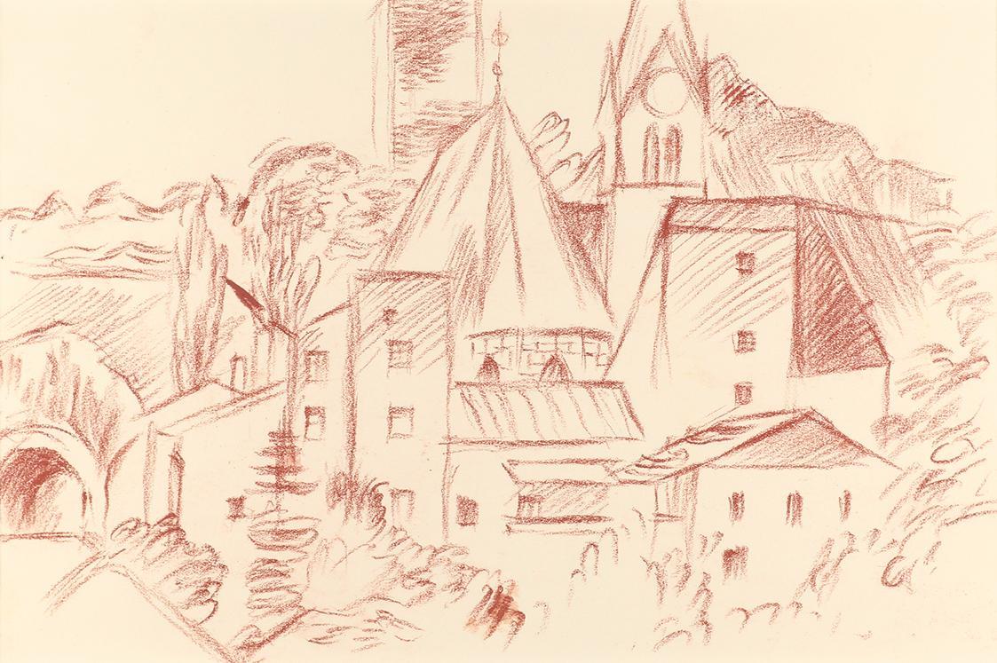 Alfred Wickenburg, Stadtansicht, um 1950, Rote Kreide auf Papier, Blattmaße: 23 × 32 cm, Privat ...