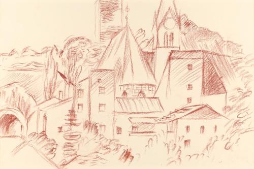 Alfred Wickenburg, Stadtansicht, um 1950, Rote Kreide auf Papier, Blattmaße: 23 × 32 cm, Privat ...