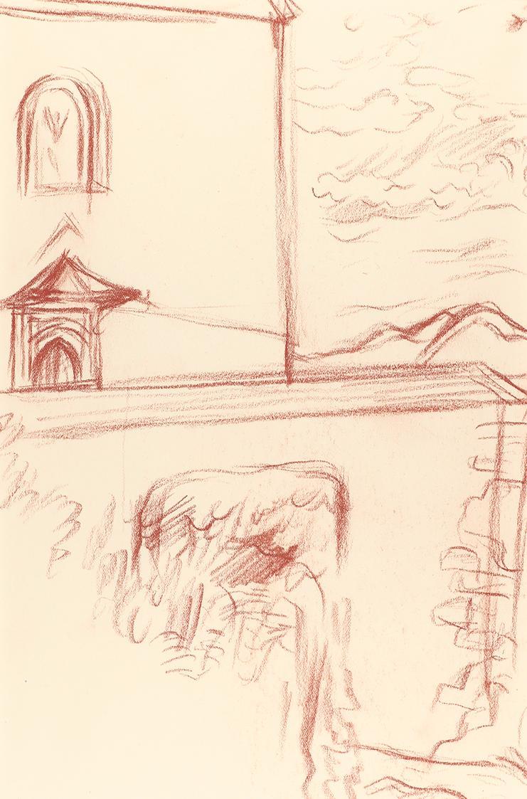 Alfred Wickenburg, Mauer vor einem Gebäude, um 1955, Rötel auf Papier, Blattmaße: 23,3 × 32 cm, ...