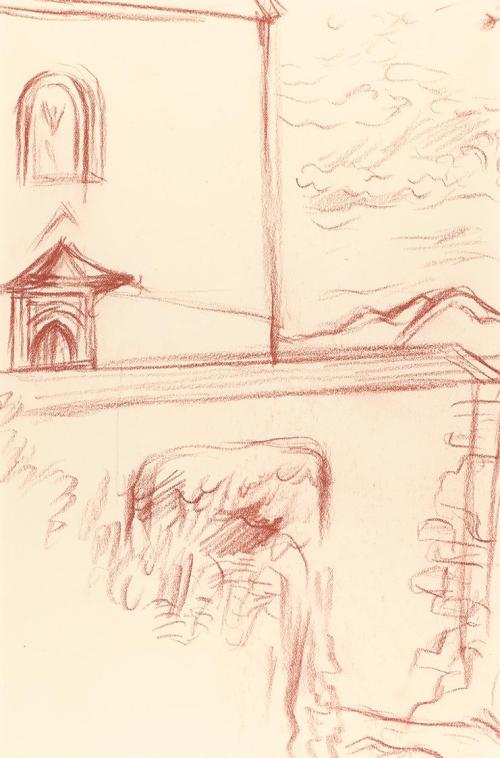 Alfred Wickenburg, Mauer vor einem Gebäude, um 1955, Rötel auf Papier, Blattmaße: 23,3 × 32 cm, ...