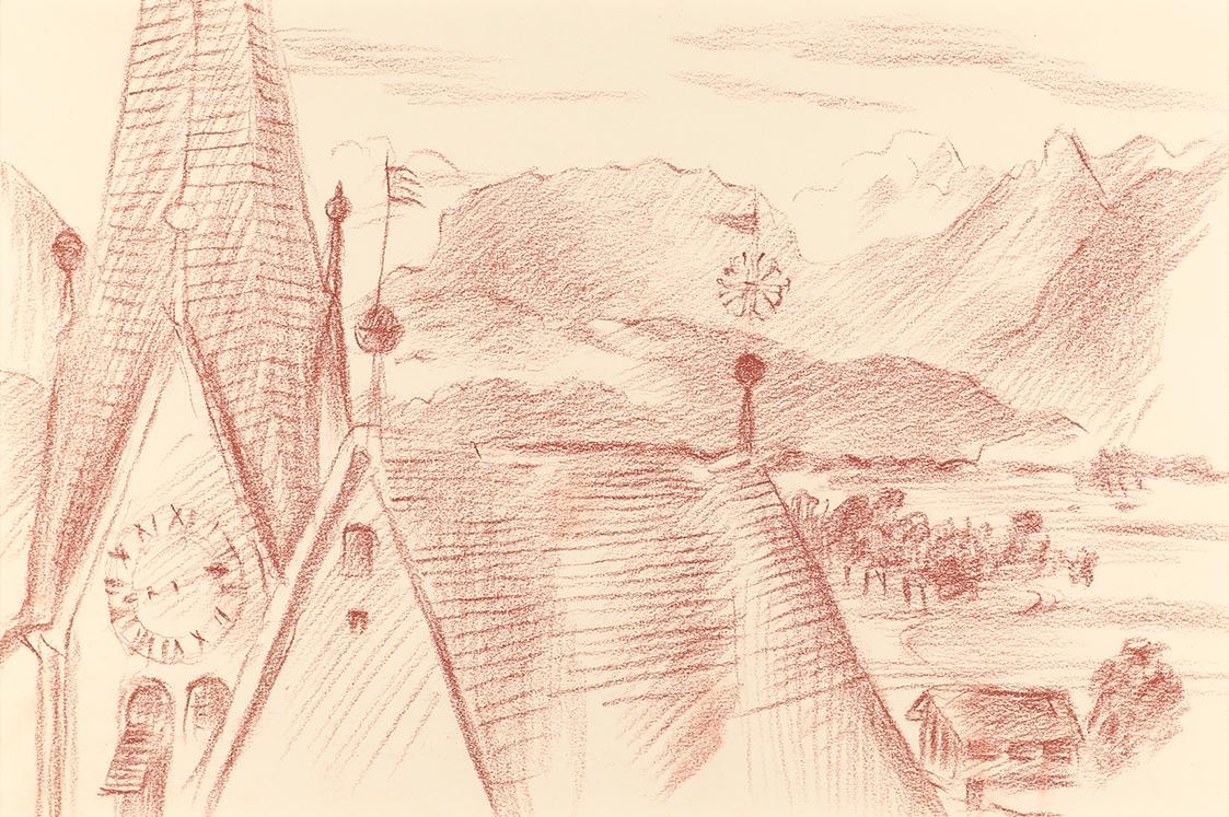 Alfred Wickenburg, Blick auf ein Kirchendach, um 1950, Rote Kreide auf Papier, Blattmaße: 23,3  ...