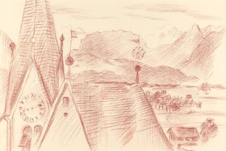 Alfred Wickenburg, Blick auf ein Kirchendach, um 1950, Rote Kreide auf Papier, Blattmaße: 23,3  ...