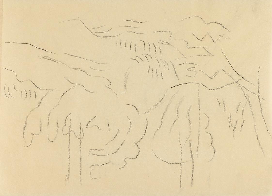 Alfred Wickenburg, Bäume vor einer Berglandschaft, um 1960, Kohle auf Papier, Blattmaße: 14,8 × ...