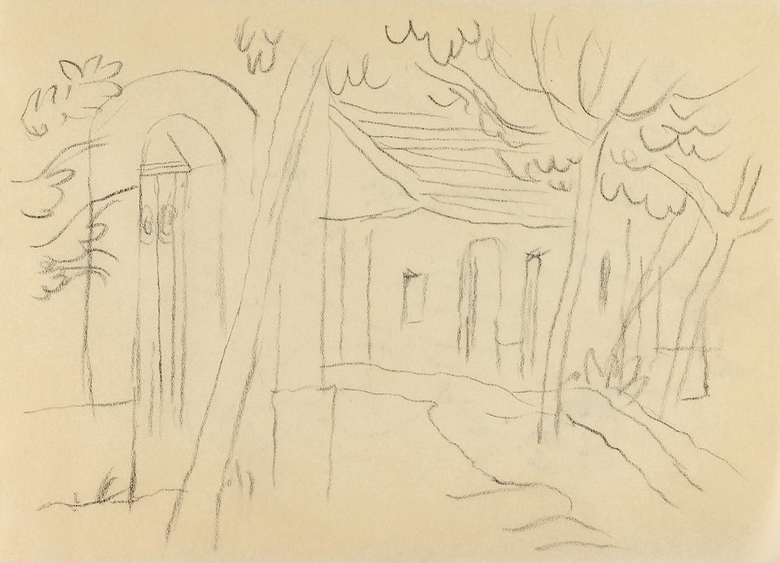 Alfred Wickenburg, Architektur zwischen Bäumen, um 1960, Kohle auf Papier, Blattmaße: 14,8 × 20 ...