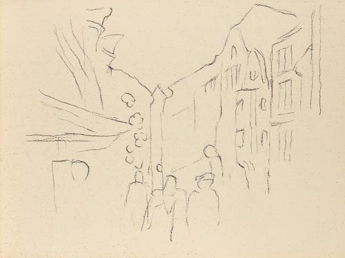 Alfred Wickenburg, Fußgänger vor einer Häuserfront, um 1945, Kohle auf Papier, Blattmaße: 21 ×  ...