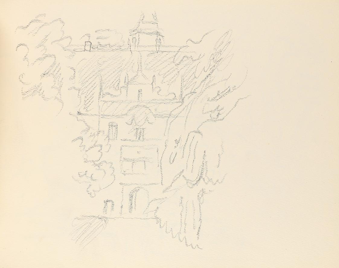 Alfred Wickenburg, Blick zwischen Bäumen hindruch auf das Schloss Eggenberg, um 1945, Graphit a ...
