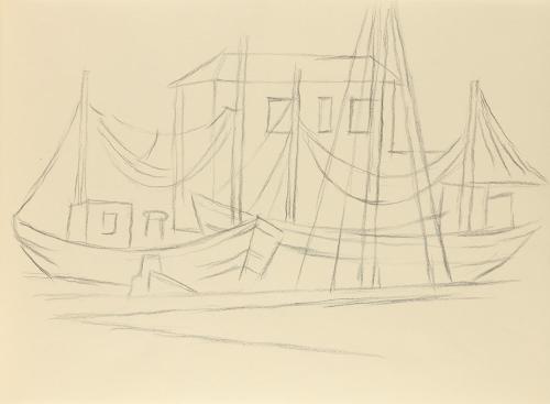 Alfred Wickenburg, Seegelschiffe in einem Hafen, um 1955, Schwarze Kreide auf Papier, Blattmaße ...