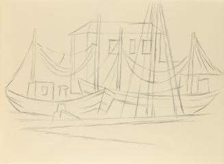 Alfred Wickenburg, Seegelschiffe in einem Hafen, um 1955, Schwarze Kreide auf Papier, Blattmaße ...