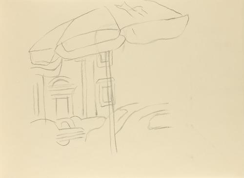 Alfred Wickenburg, Sonnenschirm, um 1955, Schwarze Kreide auf Papier, Blattmaße: 21 × 28,5 cm,  ...