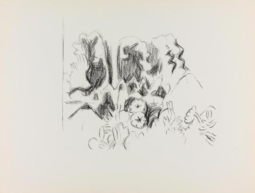 Alfred Wickenburg, Landschaft mit Blumen, Sträuchern und Bäumen, um 1950, Kohle auf Papier, Bla ...