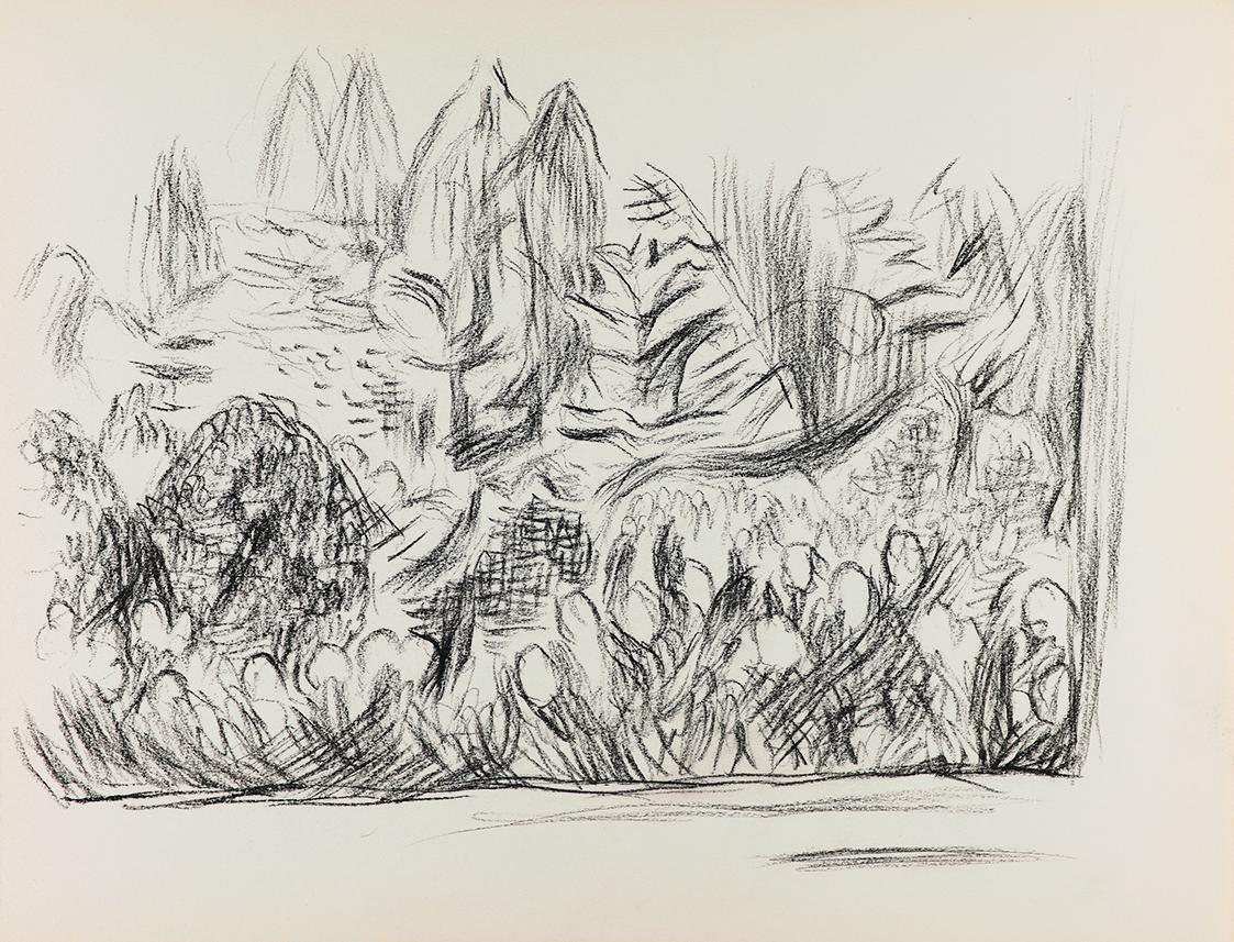 Alfred Wickenburg, Landschaft mit Bäumen, Sträuchern und Blumen, um 1950, Kohle auf Papier, Bla ...