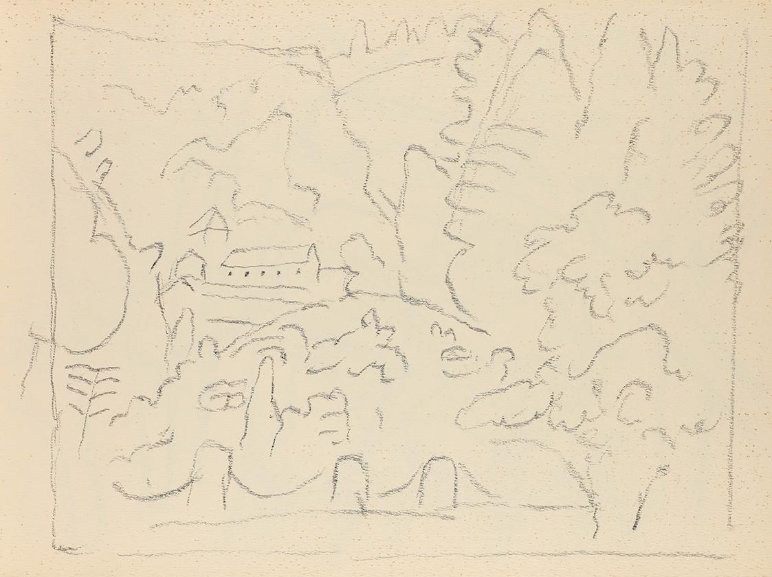 Alfred Wickenburg, Gebäude in einer Waldlandschaft, 1950/1955, Graphit auf Papier, Blattmaße: 2 ...