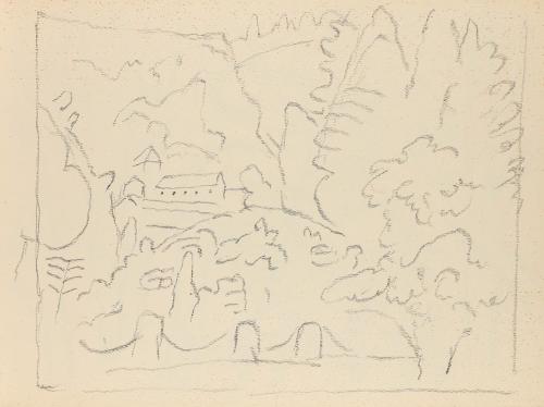 Alfred Wickenburg, Gebäude in einer Waldlandschaft, 1950/1955, Graphit auf Papier, Blattmaße: 2 ...