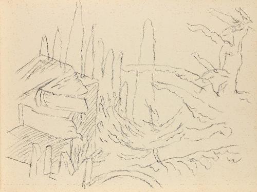 Alfred Wickenburg, Blick über Zinnen auf Bäume, 1950/1955, Kohle auf Papier, Blattmaße: 21 × 28 ...