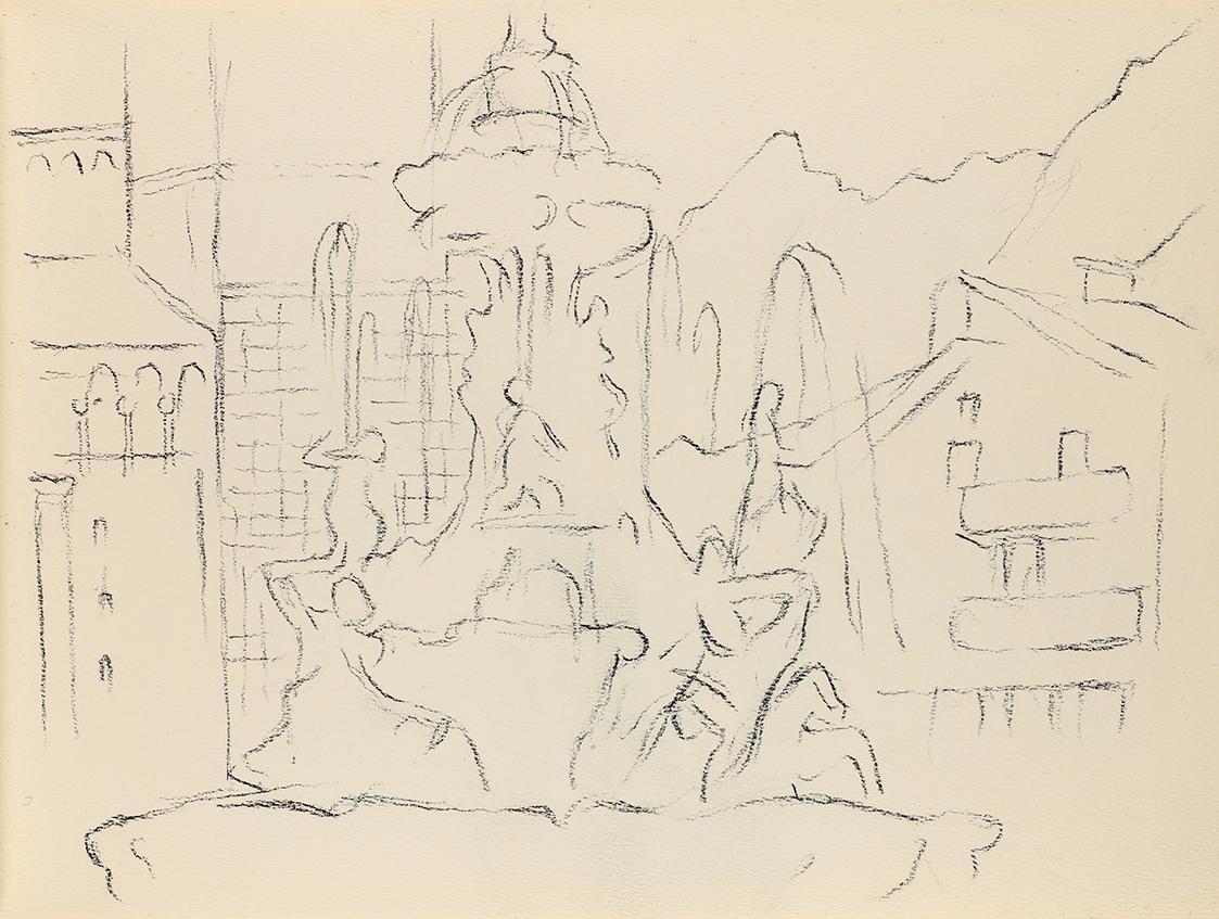 Alfred Wickenburg, Brunnen in einer Stadt, 1950/1955, Kohle auf Papier, Blattmaße: 21 × 28 cm,  ...