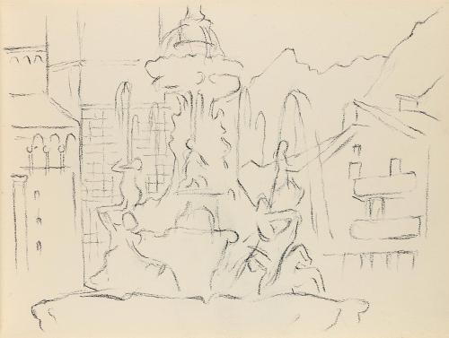 Alfred Wickenburg, Brunnen in einer Stadt, 1950/1955, Kohle auf Papier, Blattmaße: 21 × 28 cm,  ...