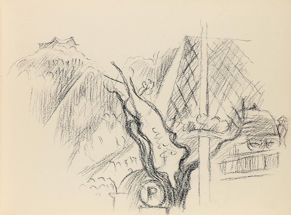 Alfred Wickenburg, Blick auf ein Gebaude auf einem Berg, 1950/1955, Kohle auf Papier, Blattmaße ...