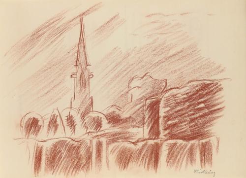 Alfred Wickenburg, Blick über Hietzing, 1939, Rötel auf Papier, Blattmaße: 20,4 × 28 cm, Privat ...