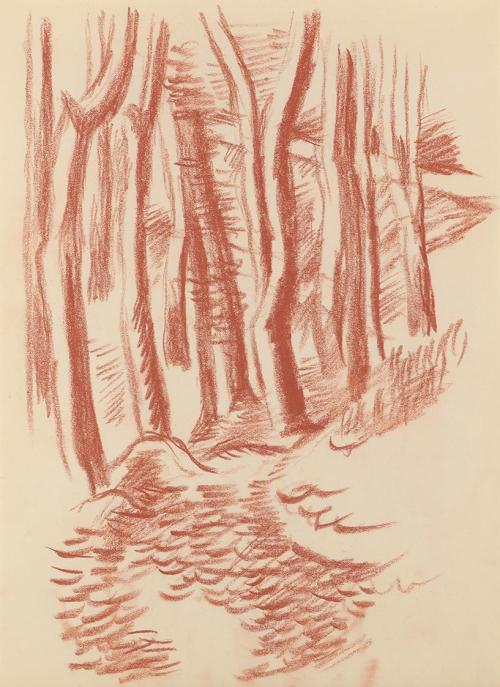 Alfred Wickenburg, Waldweg, 1939, Rötel auf Papier, Blattmaße: 28 × 20,4 cm, Privatbesitz