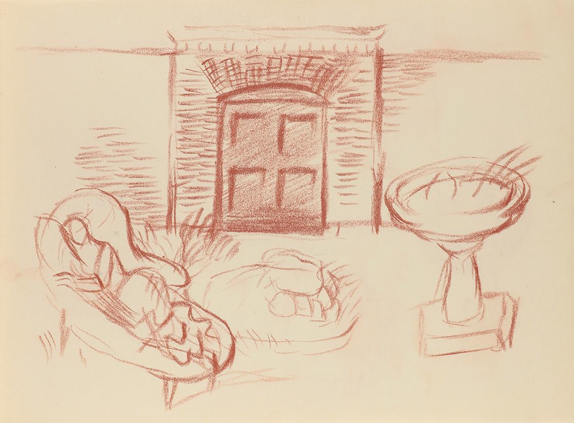 Alfred Wickenburg, Dame im Liegestuhl im Garten, 1939, Rötel auf Papier, Blattmaße: 20,4 × 28 c ...